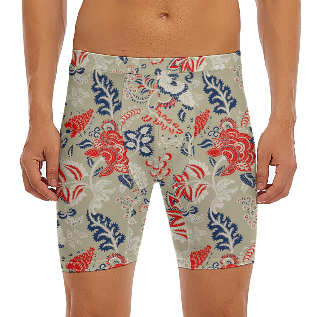 Beige Bohemian Floral Pattern Print Men's Long Boxer Briefs