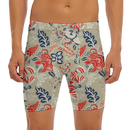 Beige Bohemian Floral Pattern Print Men's Long Boxer Briefs