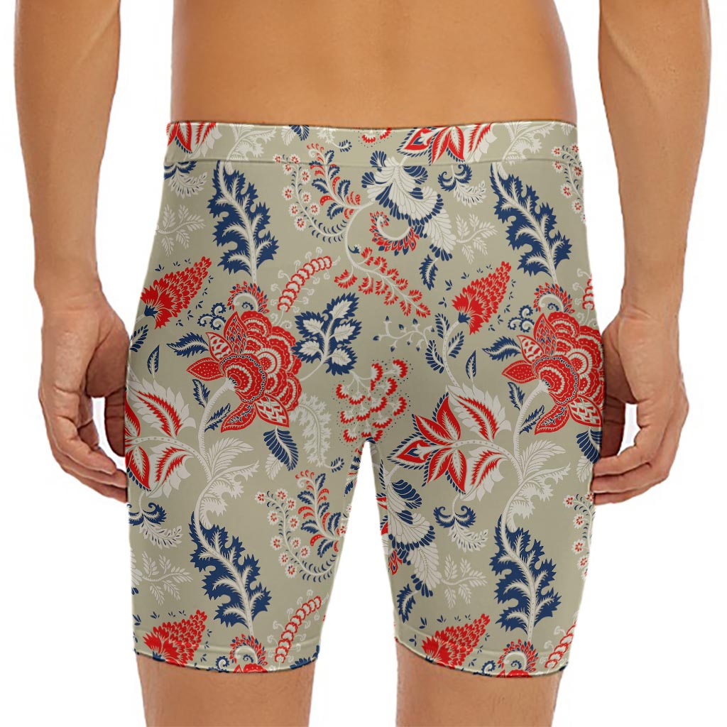 Beige Bohemian Floral Pattern Print Men's Long Boxer Briefs