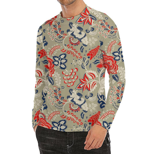 Beige Bohemian Floral Pattern Print Men's Long Sleeve Rash Guard