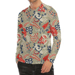 Beige Bohemian Floral Pattern Print Men's Long Sleeve Rash Guard