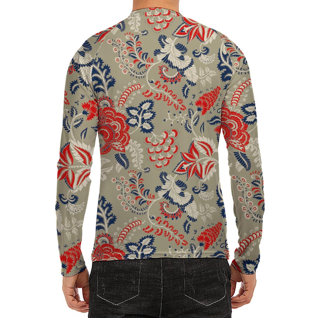 Beige Bohemian Floral Pattern Print Men's Long Sleeve Rash Guard