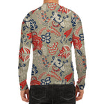 Beige Bohemian Floral Pattern Print Men's Long Sleeve Rash Guard