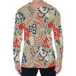 Beige Bohemian Floral Pattern Print Men's Long Sleeve T-Shirt