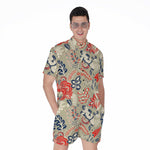 Beige Bohemian Floral Pattern Print Men's Rompers