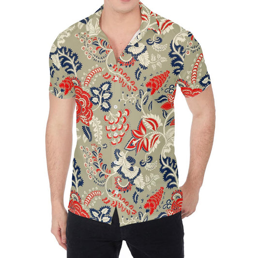 Beige Bohemian Floral Pattern Print Men's Shirt