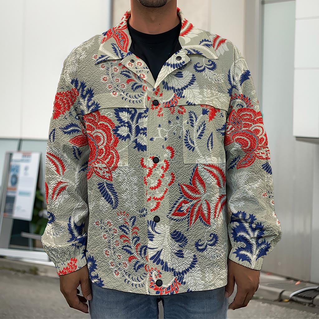 Beige Bohemian Floral Pattern Print Men's Shirt Jacket