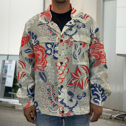 Beige Bohemian Floral Pattern Print Men's Shirt Jacket