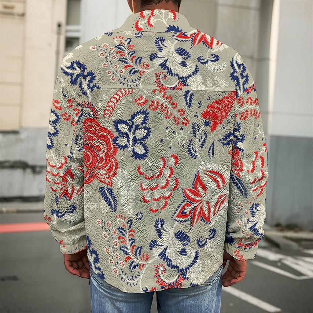 Beige Bohemian Floral Pattern Print Men's Shirt Jacket