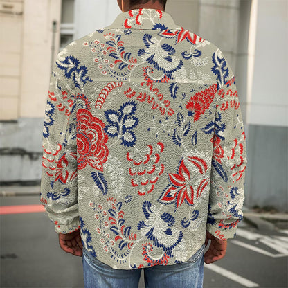Beige Bohemian Floral Pattern Print Men's Shirt Jacket