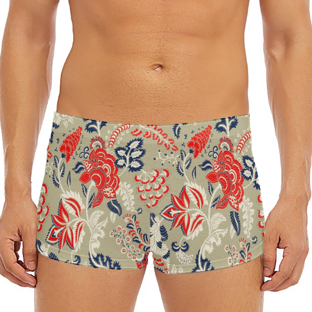 Beige Bohemian Floral Pattern Print Men's Short Boxer Briefs