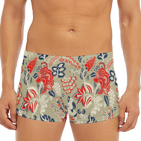 Beige Bohemian Floral Pattern Print Men's Short Boxer Briefs