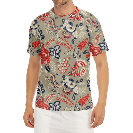 Beige Bohemian Floral Pattern Print Men's Short Sleeve Rash Guard