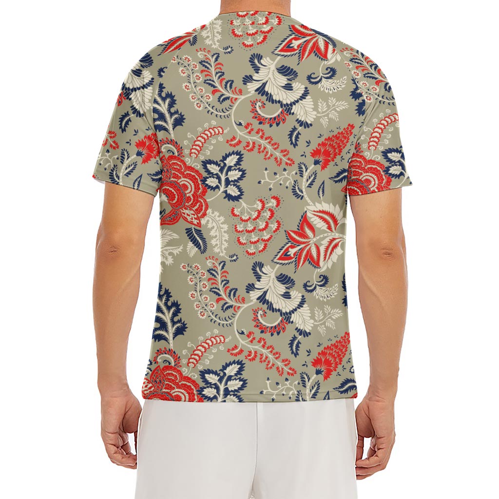 Beige Bohemian Floral Pattern Print Men's Short Sleeve Rash Guard