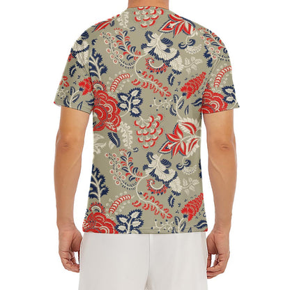 Beige Bohemian Floral Pattern Print Men's Short Sleeve Rash Guard