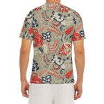 Beige Bohemian Floral Pattern Print Men's Short Sleeve Rash Guard