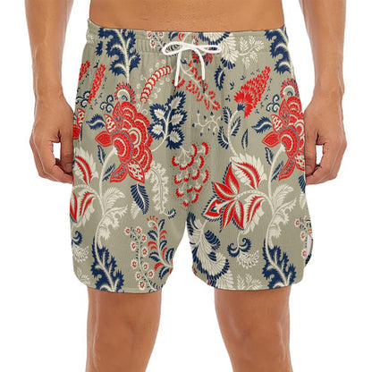 Beige Bohemian Floral Pattern Print Men's Split Running Shorts