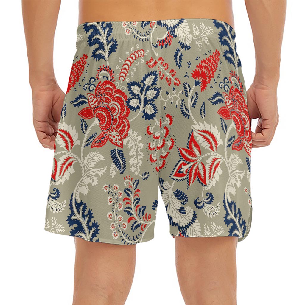 Beige Bohemian Floral Pattern Print Men's Split Running Shorts