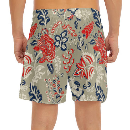 Beige Bohemian Floral Pattern Print Men's Split Running Shorts