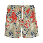 Beige Bohemian Floral Pattern Print Men's Sports Shorts