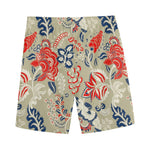 Beige Bohemian Floral Pattern Print Men's Sports Shorts