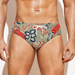 Beige Bohemian Floral Pattern Print Men's Swim Briefs