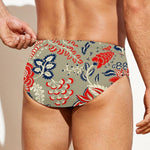 Beige Bohemian Floral Pattern Print Men's Swim Briefs