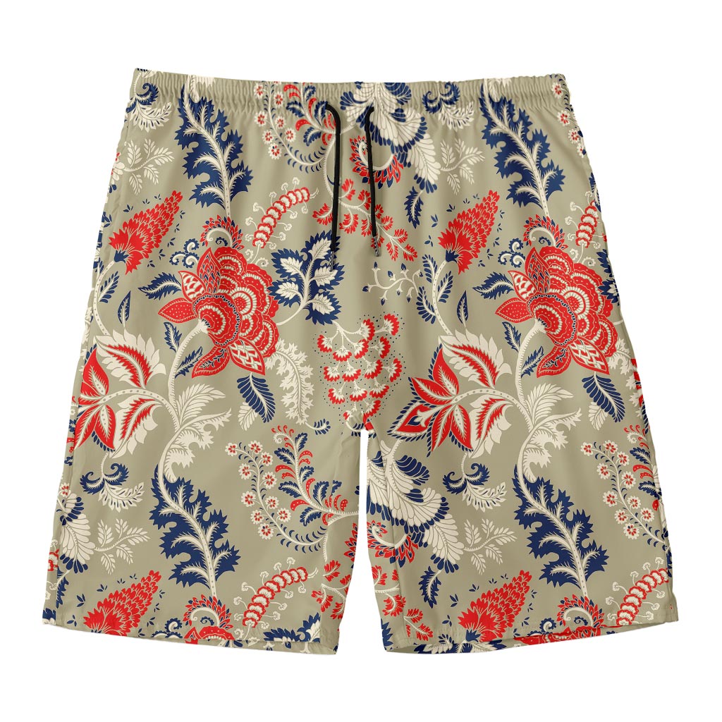 Beige Bohemian Floral Pattern Print Men's Swim Trunks