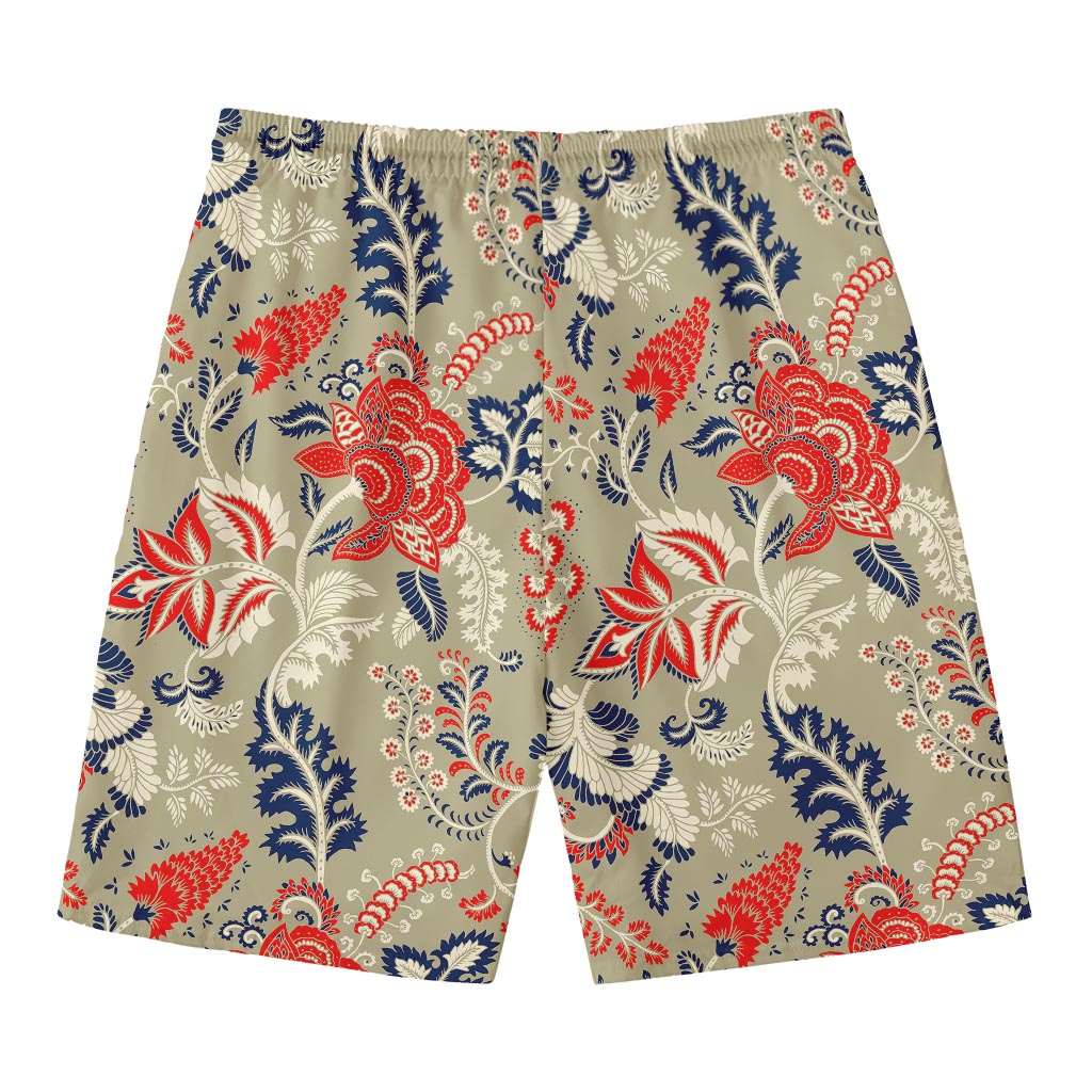 Beige Bohemian Floral Pattern Print Men's Swim Trunks