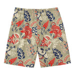 Beige Bohemian Floral Pattern Print Men's Swim Trunks