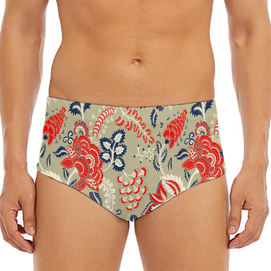 Beige Bohemian Floral Pattern Print Men's Triangle Swim Briefs