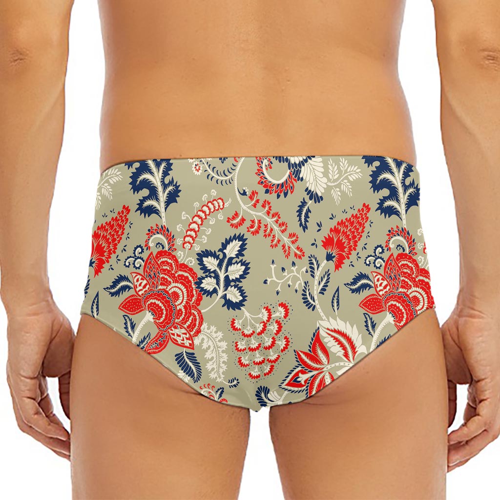Beige Bohemian Floral Pattern Print Men's Triangle Swim Briefs