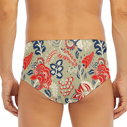 Beige Bohemian Floral Pattern Print Men's Triangle Swim Briefs