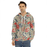 Beige Bohemian Floral Pattern Print Men's Velvet Pullover Hoodie