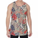 Beige Bohemian Floral Pattern Print Men's Velvet Tank Top