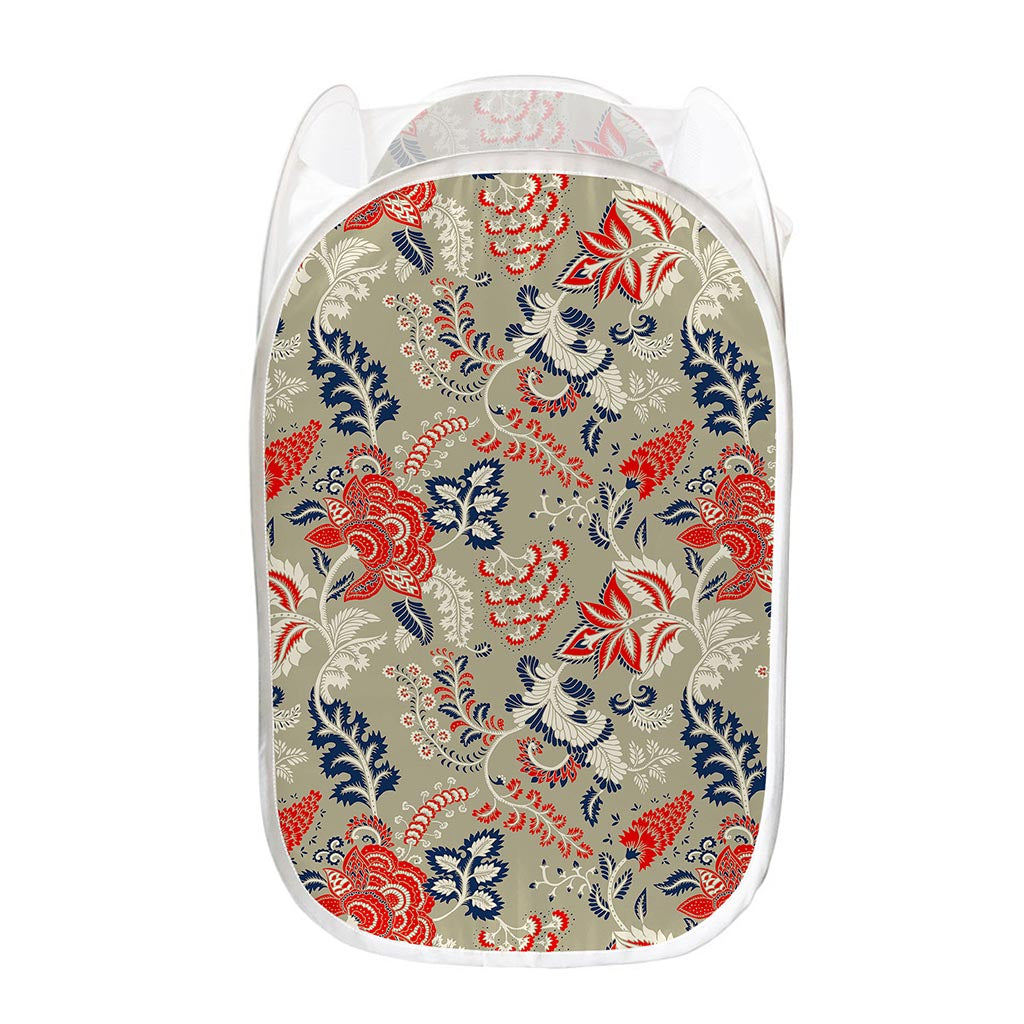 Beige Bohemian Floral Pattern Print Mesh Laundry Hamper