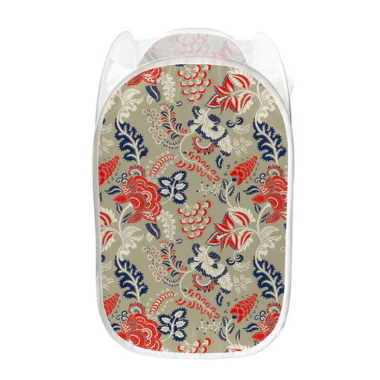 Beige Bohemian Floral Pattern Print Mesh Laundry Hamper