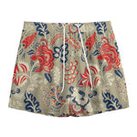 Beige Bohemian Floral Pattern Print Mesh Shorts