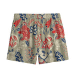 Beige Bohemian Floral Pattern Print Mesh Shorts