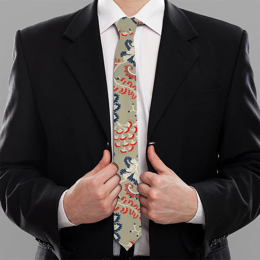 Beige Bohemian Floral Pattern Print Necktie