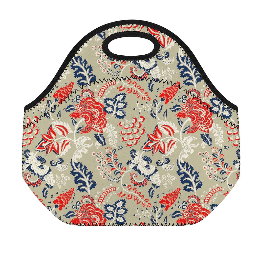 Beige Bohemian Floral Pattern Print Neoprene Lunch Bag