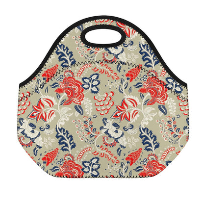 Beige Bohemian Floral Pattern Print Neoprene Lunch Bag