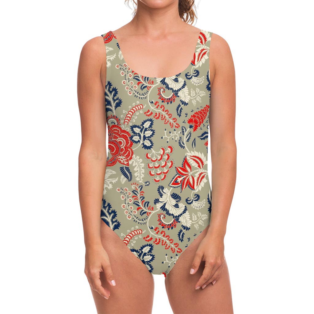 Beige Bohemian Floral Pattern Print One Piece Swimsuit