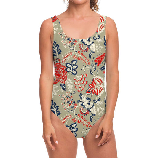 Beige Bohemian Floral Pattern Print One Piece Swimsuit