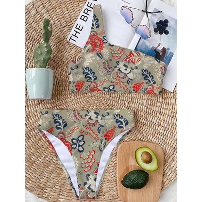 Beige Bohemian Floral Pattern Print One Shoulder Bikini Top
