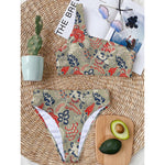 Beige Bohemian Floral Pattern Print One Shoulder Bikini Top