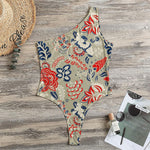 Beige Bohemian Floral Pattern Print One Shoulder Bodysuit