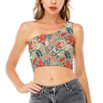 Beige Bohemian Floral Pattern Print One Shoulder Crop Top