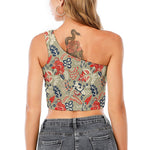 Beige Bohemian Floral Pattern Print One Shoulder Crop Top