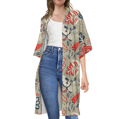 Beige Bohemian Floral Pattern Print Open Front Beach Cover Up
